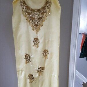 Vtg Design Fabric Yellow Stain Dresses Fabric in hand sequin beaded Size 44"x64"